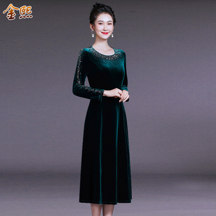 时尚镶钻中年女装连衣裙春秋季显瘦中长款大码气质妈妈装金丝绒裙