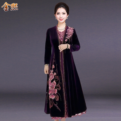 中年女装金丝绒刺绣连衣裙长外套