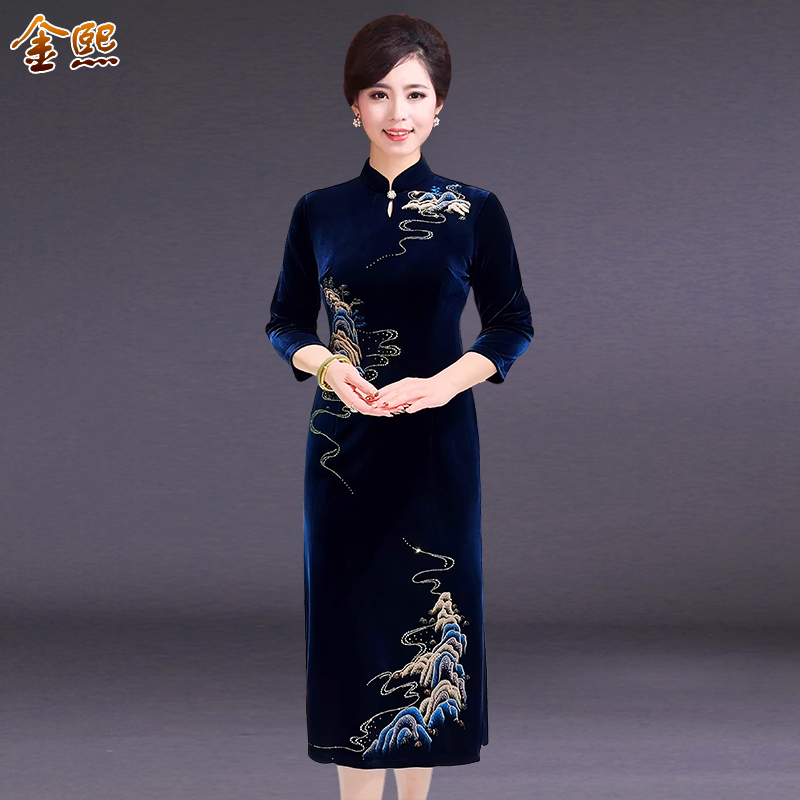 婚宴妈妈装刺绣旗袍金丝绒连衣裙