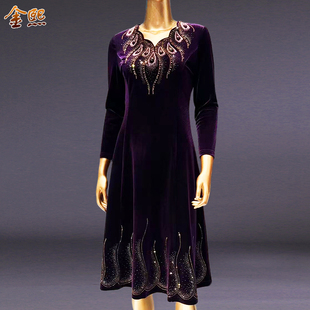 时尚中年女装春秋季连衣裙中长款显瘦婚礼气质妈妈装镶钻金丝绒裙