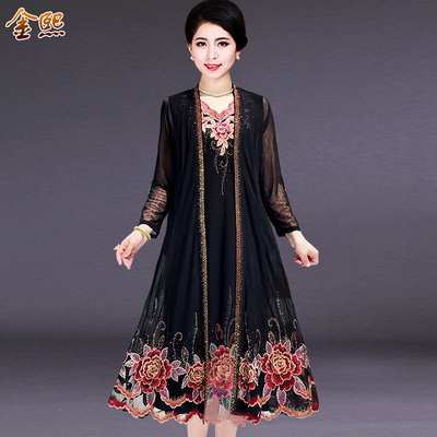 中老年妈妈装夏季刺绣外套连衣裙
