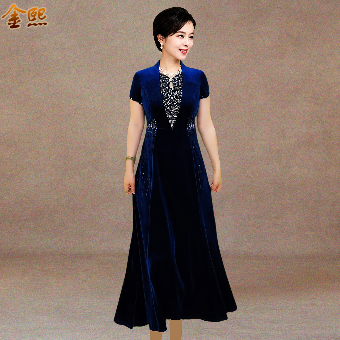 复古金丝绒妈妈装婚宴礼服连衣裙
