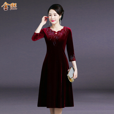 妈妈装金丝绒镶钻连衣裙婚礼时尚