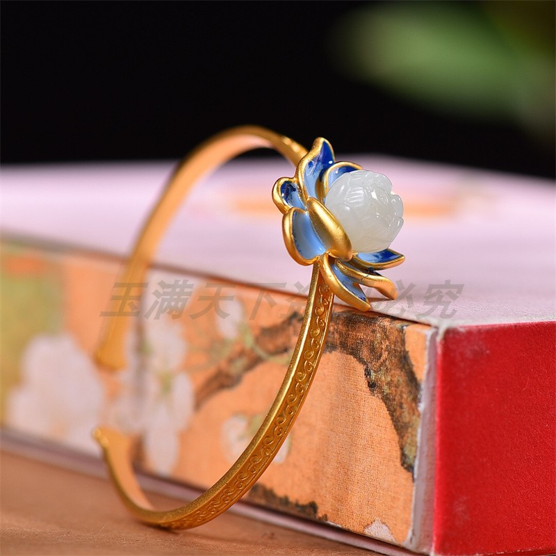 新疆天然和田玉925银荷花手镯