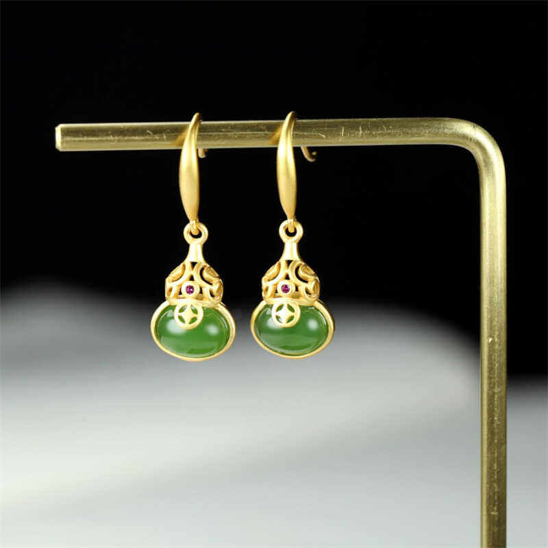 新疆天然和田玉碧玉耳环葫芦925银镶嵌耳饰玉石耳钉精致时尚耳钩
