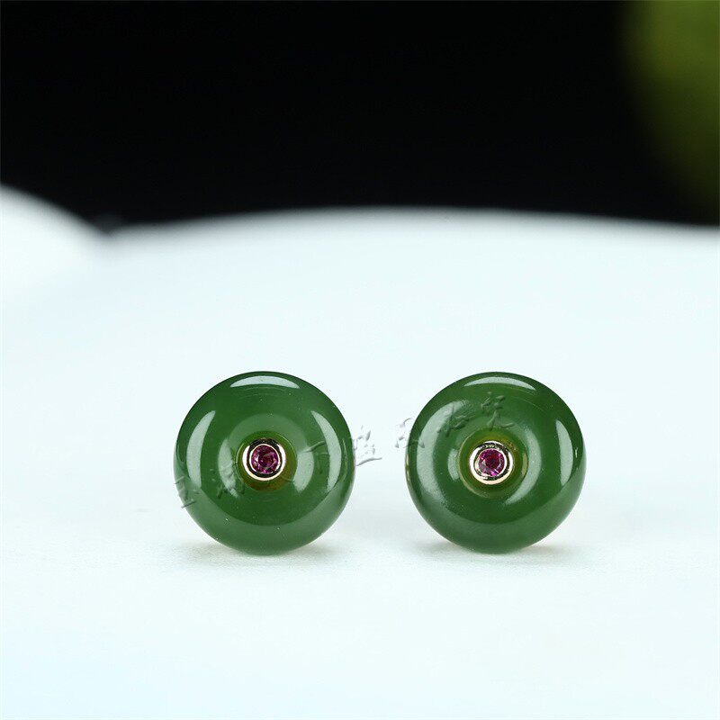 925银天然和田玉碧玉平安环耳钉女款平安扣耳针简约防过敏耳饰