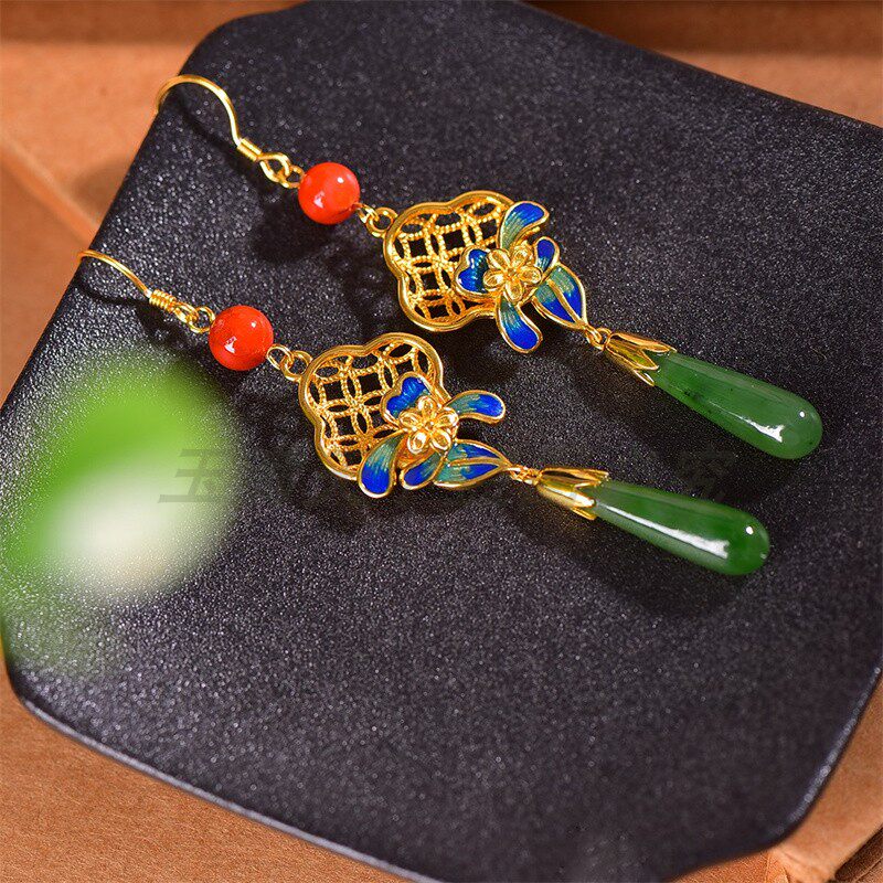 925银镶嵌和田玉碧玉珐琅水滴配南红耳坠女款玉石耳饰耳环耳钉