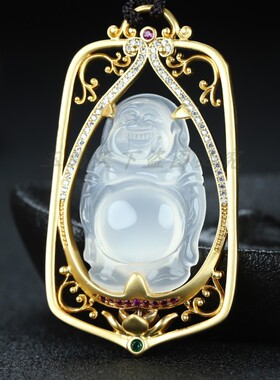 天然冰种笑佛白玉髓24k真金玛瑙