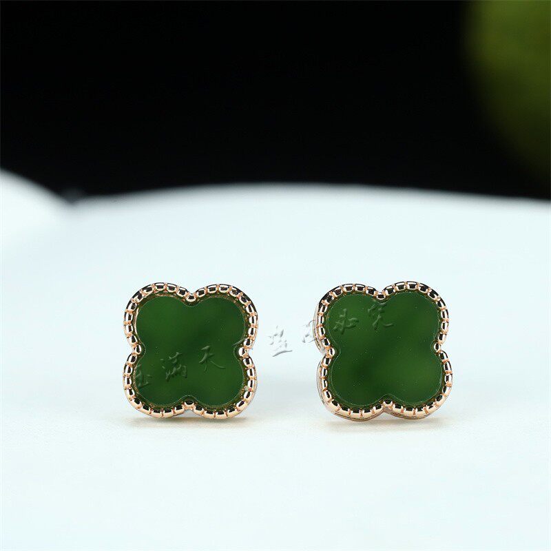 925银天然和田玉碧玉四叶草耳钉女款幸运草耳针防过敏耳饰耳环