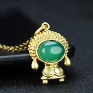 天然A货冰种帝王绿玉髓吊镀24k真金宝宝佛吊坠女款玛瑙项链锁骨链