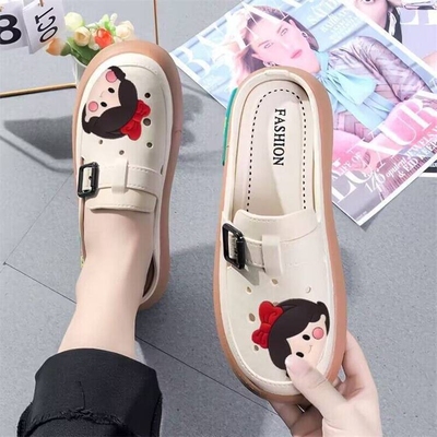 夏季新款洞洞鞋女韩版卡通动漫包头半拖鞋休闲百搭平底沙滩凉拖鞋