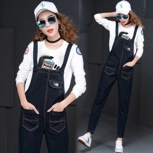 春夏秋冬季哈伦背带休闲牛仔裤女蕾丝腰小脚裤短裤无弹力直筒裤短