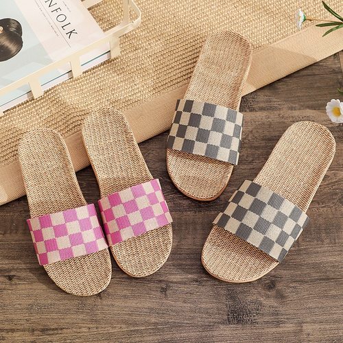 春夏秋季亚麻棋格花布凉拖鞋男女情侣夫妻居家室内外木地板一字拖