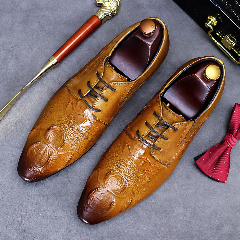 men shoes 商务男正装复古跨境真皮头层牛皮大码鞋鄂鱼纹皮鞋男