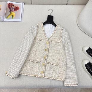 高级肌理感拼接鎏金粗花呢珠光软糯V领H版 型外套