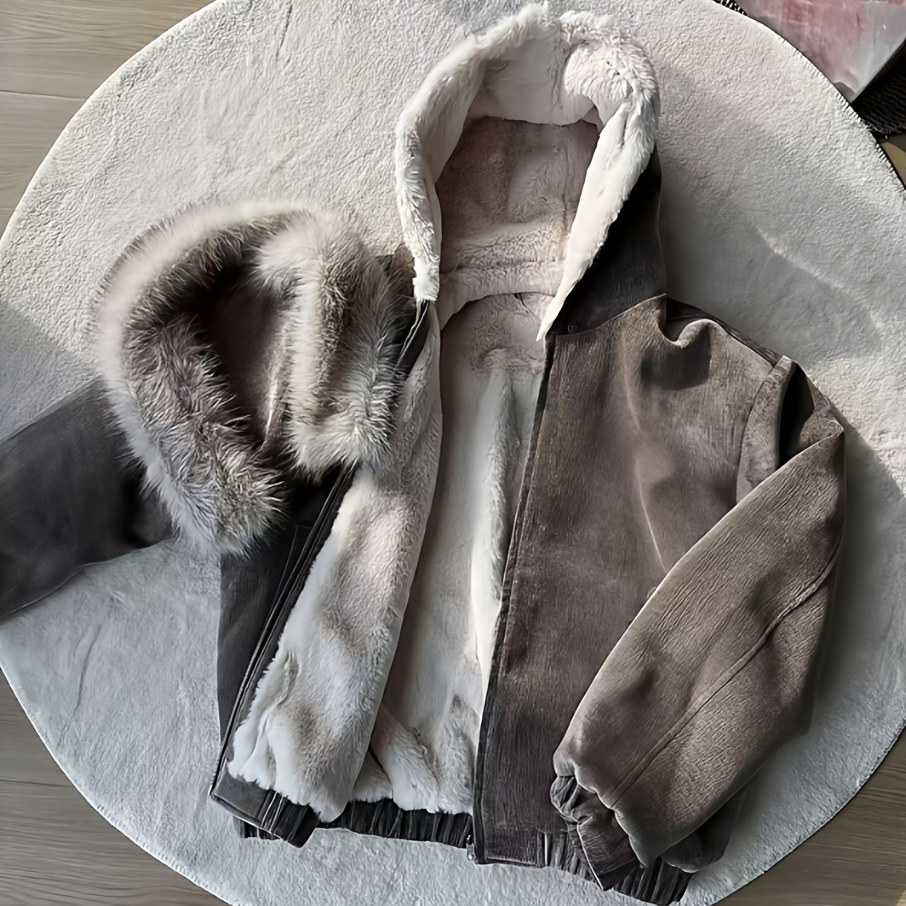 美式复古双面穿仿兔毛一件过冬座山雕连帽毛领加绒棉服外套