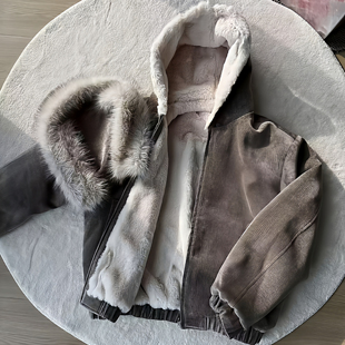 美式复古双面穿仿兔毛一件过冬座山雕连帽毛领加绒棉服外套