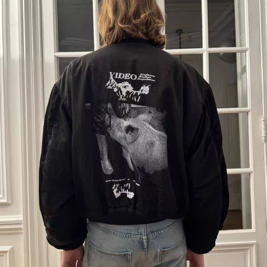 ERD忧郁的富二代重磅水洗做旧破坏标语印花底特律夹克秋季外套男