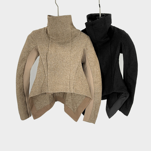 暗黑RO风春秋新款 不规则下摆燕尾夹克外套 毛呢高领拉链短外套修身