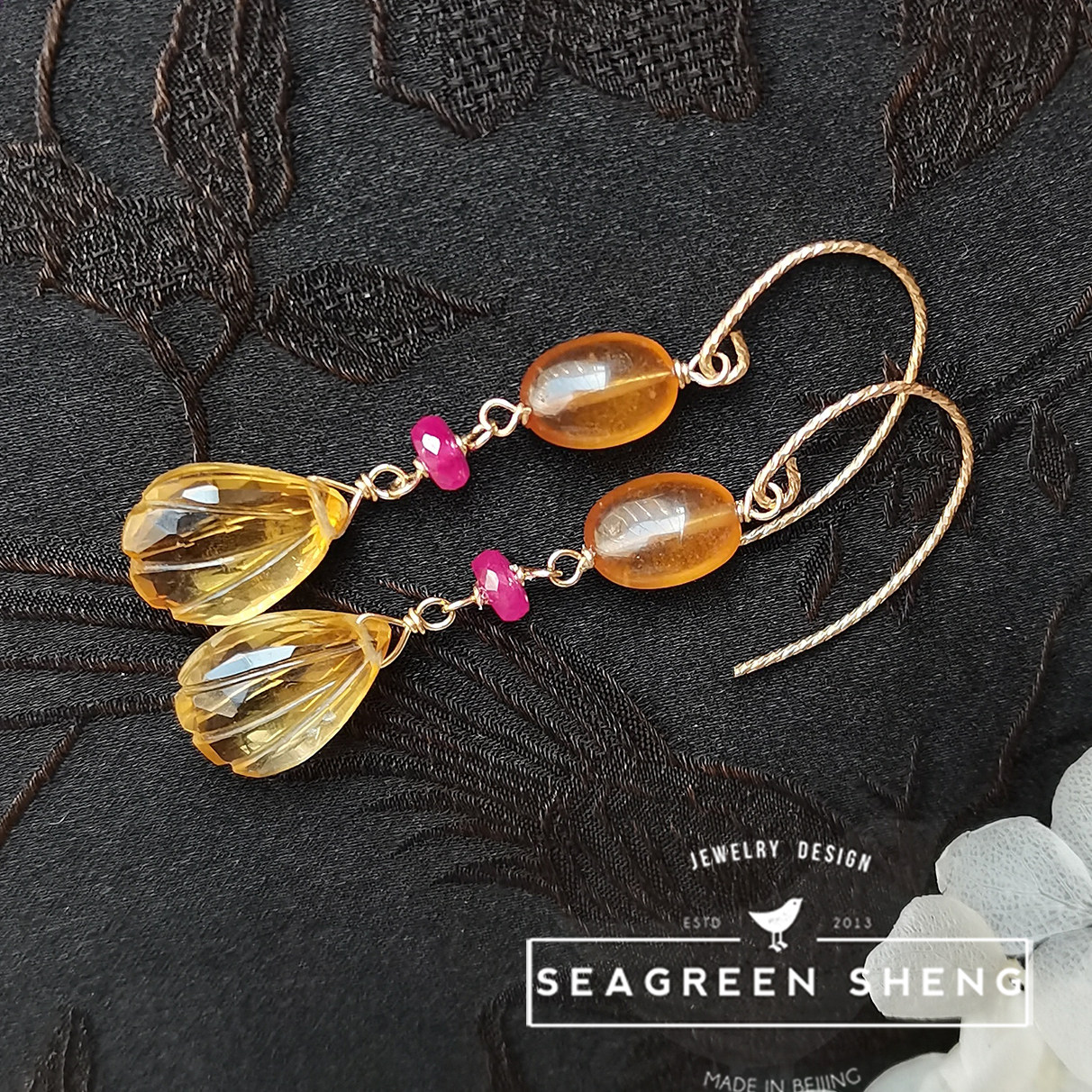 BISHENG 수제 천연 꽃잎 황수정 꿀색 환타 스톤 스페사르타이트 가넷 핑크 사파이어 14K 골드 귀걸이