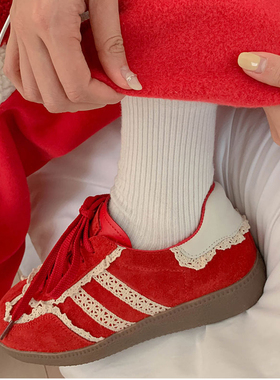 水之心复古蕾丝边真皮德训鞋休闲运动鞋女2025秋冬东大门加绒棉鞋