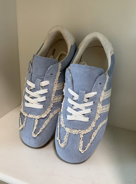 水之心复古浪漫少女减龄蕾丝边淡蓝反绒皮网面平底休闲德训鞋单鞋