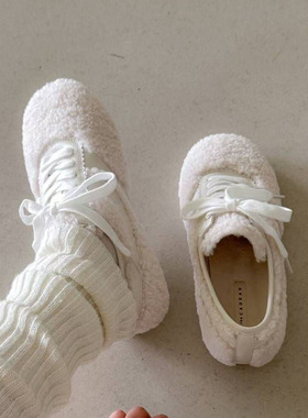 水之心休闲复古加绒保暖棉鞋平底系带德训鞋女2025冬东大门毛毛鞋