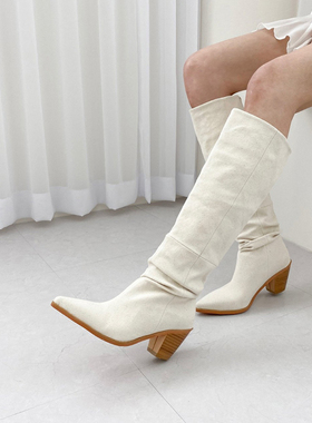 水之心尖头粗高跟褶皱不过膝长靴骑士靴女韩版2023秋新款轻熟风