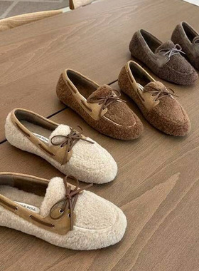 水之心复古蝴蝶结温柔羊羔毛加绒保暖豆豆鞋妈妈鞋一脚蹬2025冬款