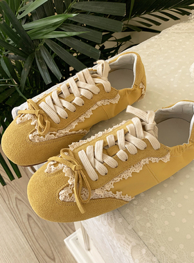 水之心浪漫萝莉蝴蝶结蕾丝边速干布平底德训鞋休闲鞋2025春夏新款