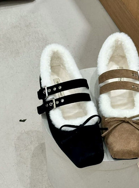 水之心复古浪漫公主蝴蝶结加绒毛毛鞋皮带扣芭蕾舞鞋女2025秋冬