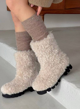 水之心复古韩系羊羔毛加绒保暖厚底防滑短筒雪地靴女2025冬新款
