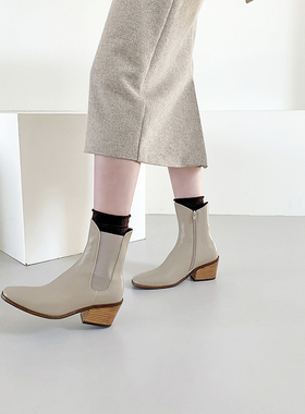 水之心圆头中粗跟弹力套筒短靴及踝靴时装靴女首尔2025秋通勤极简