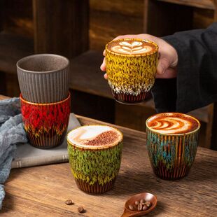 跨境Temu代发创意日式窑变咖啡杯流釉主人杯粗陶品茗杯拉花陶瓷杯