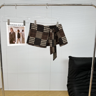 春秋磨毛格子格纹乞丐补丁一片式 系带屁帘遮跨叠穿外搭半身裙A字