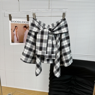 秋冬烫钻格子不规则松紧半身裙系带绑带屁帘遮跨运动跑步街舞裙女