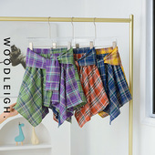 原创薄款 拼色格子裙全棉不规则半身裙撞色松紧裙运动遮跨A字裙裤