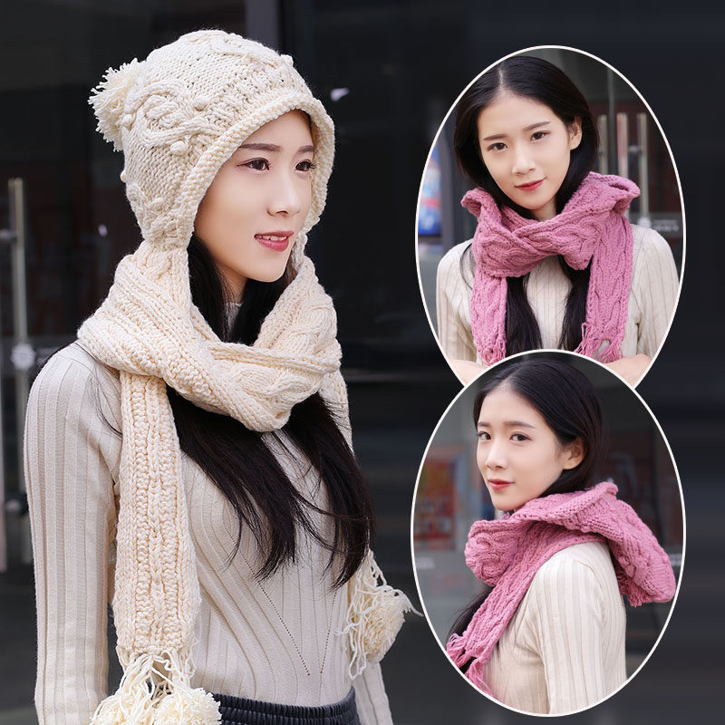 帽子女秋冬一体毛线围巾帽韩版针织帽滑雪帽护耳帽保暖连体帽特价