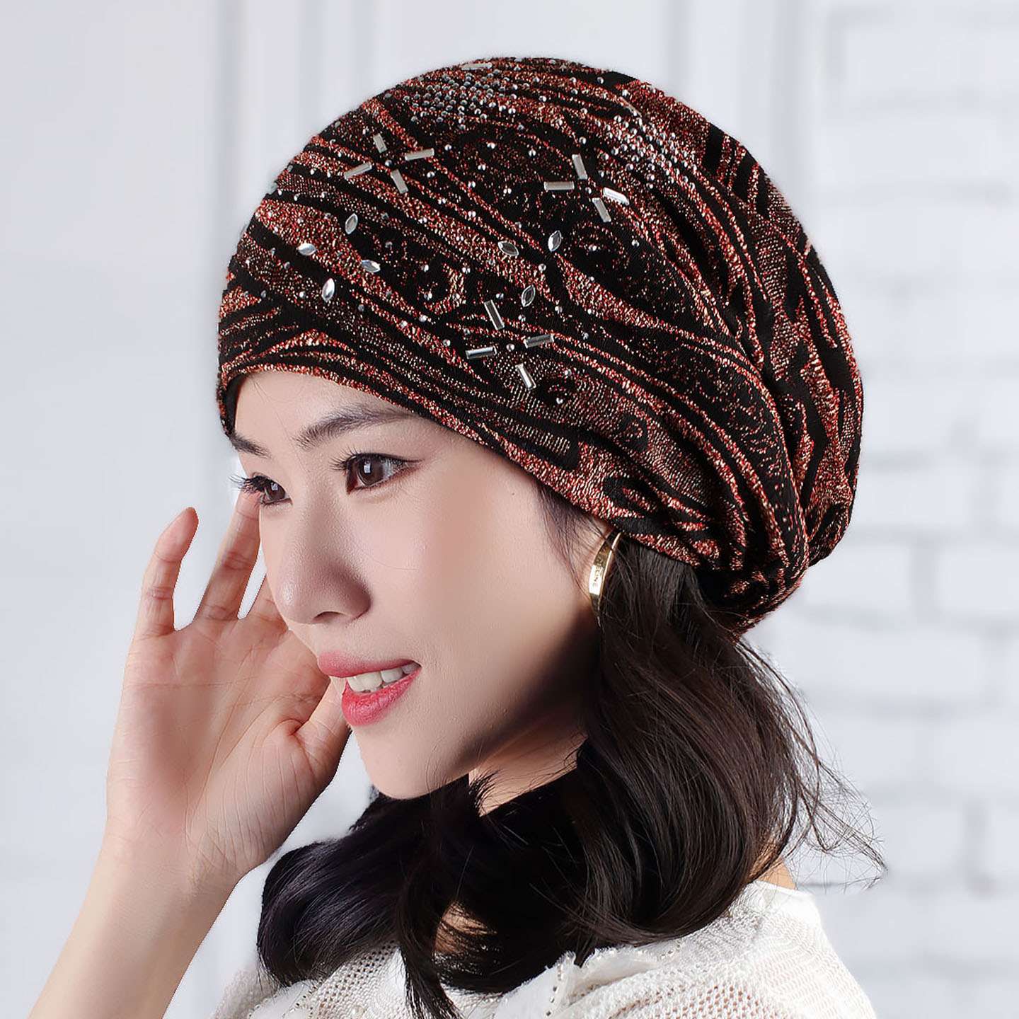 新款秋冬蕾丝亮片堆堆帽薄绒里衬头巾帽套头帽遮白发休闲包头帽子