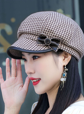 2026年新款秋季帽女帽八角帽贝雷帽显脸小妈妈帽韩版格纹蝴蝶结帽