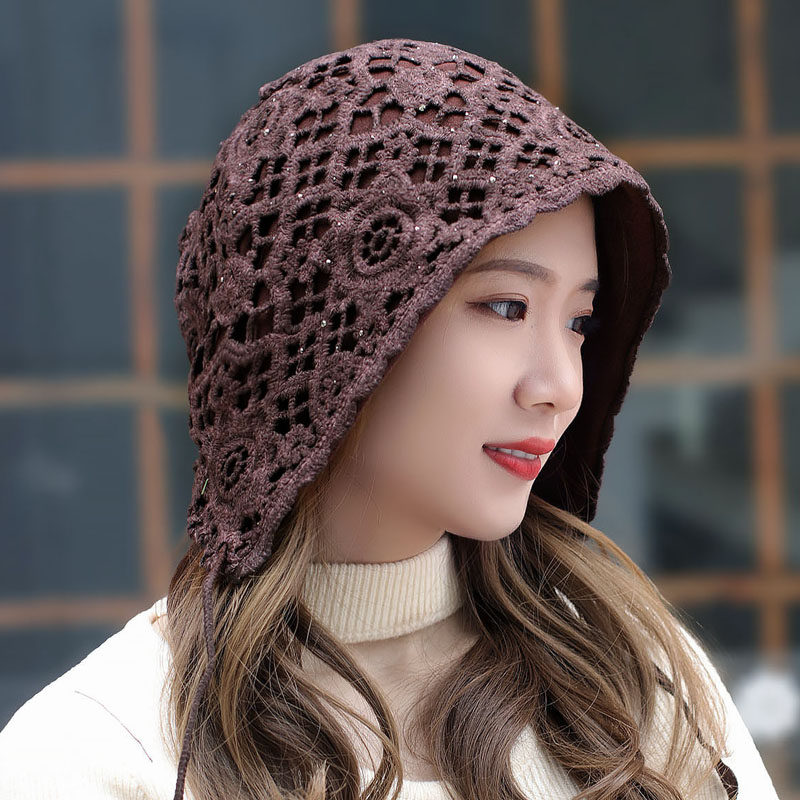 新款秋冬加绒里衬帽子钩线系带扎马尾帽针织休闲帽保暖护耳帽百搭