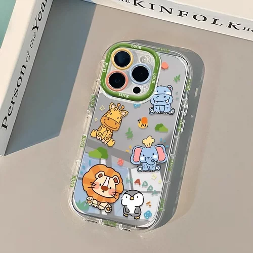 卡通动物园适用iPhone16promax奶油镜面手机壳油画苹果15卡通14创