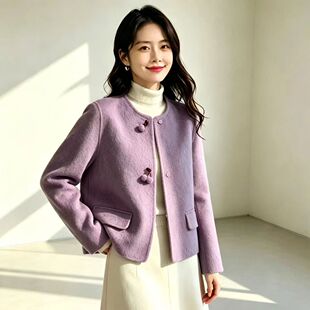 时尚小香风双面绒外套女短款秋季新款时尚百搭淑女气质羊毛呢外套