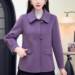 2026春季新款双面绒羊毛呢外套女紫色妈妈装宽松百搭呢子大衣短款