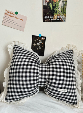 黑白格蝴蝶结抱枕全棉蕾丝花边靠枕沙发卧室装饰枕头道具汽车腰枕