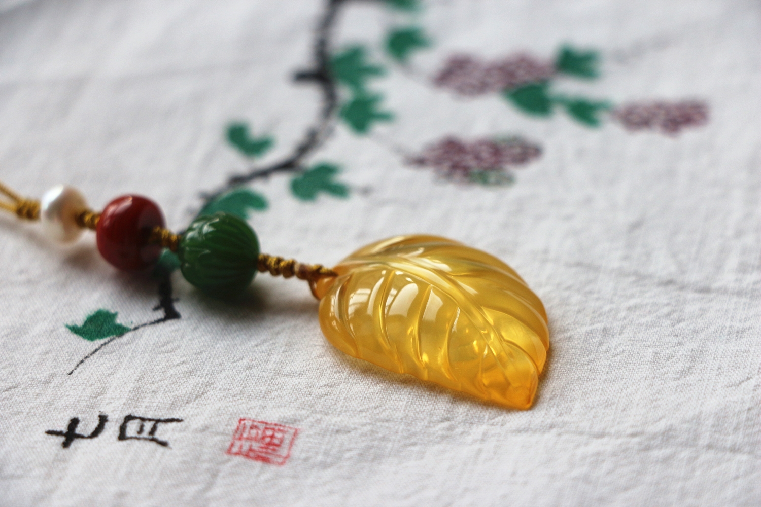 一瓣清莲 天然琥珀蜜蜡叶子南红碧玉珍珠手机钥匙链包挂 捡漏价