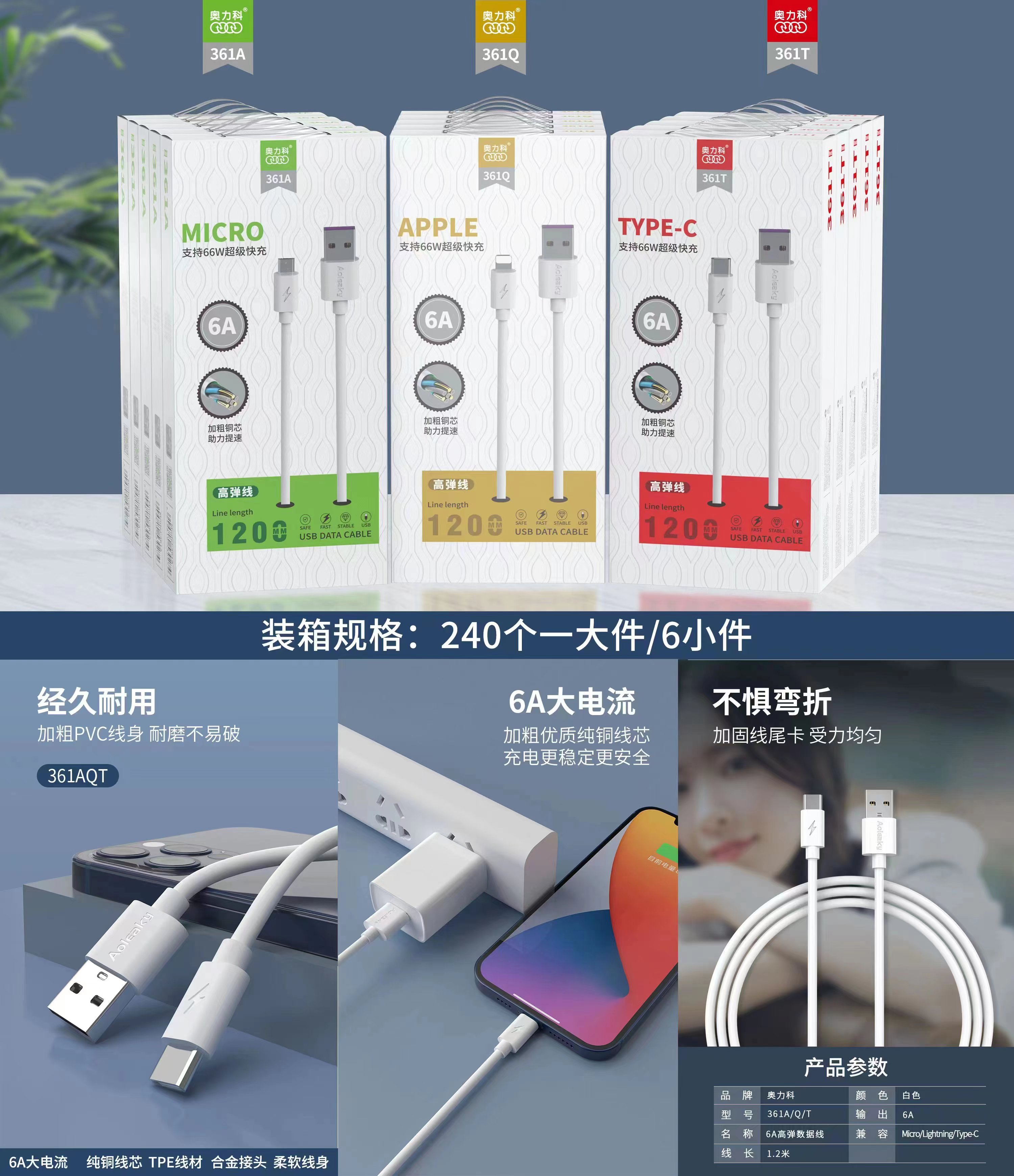 奥力科361 系列 6A大电流数据线充电线