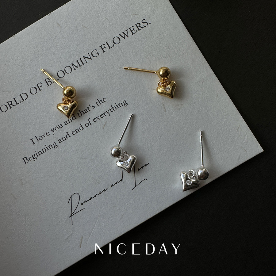 Niceday耳饰通体S925纯银爱心圆珠韩式简约气质百搭ins风耳钉