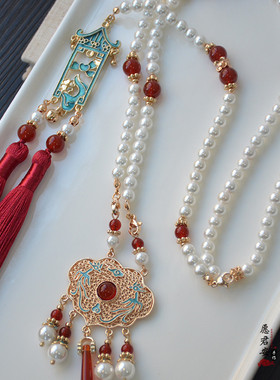 岁岁安古风原创手工烧蓝宝宝锁红玛瑙贝珠璎珞流苏背云马面裙项链