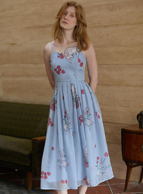 XUNRUO熏若ElisabethAnisimow设计师品牌花朵兔子贴布吊带连衣裙